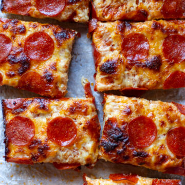 Sliced Detroit-style pizza