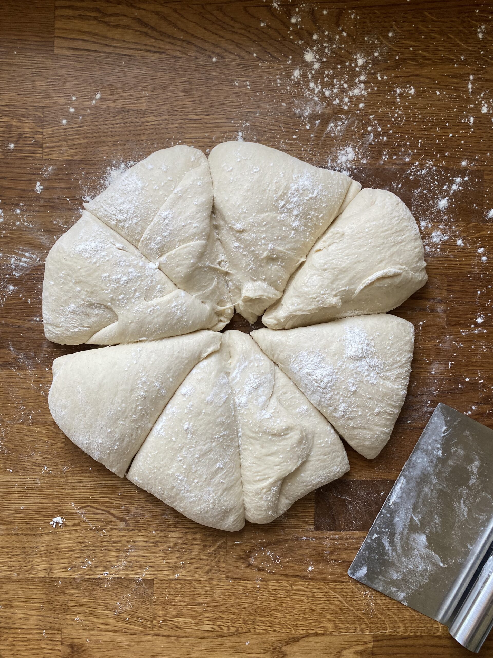 Dough on a lightly floured surface divided into 8 pieces for shaping.