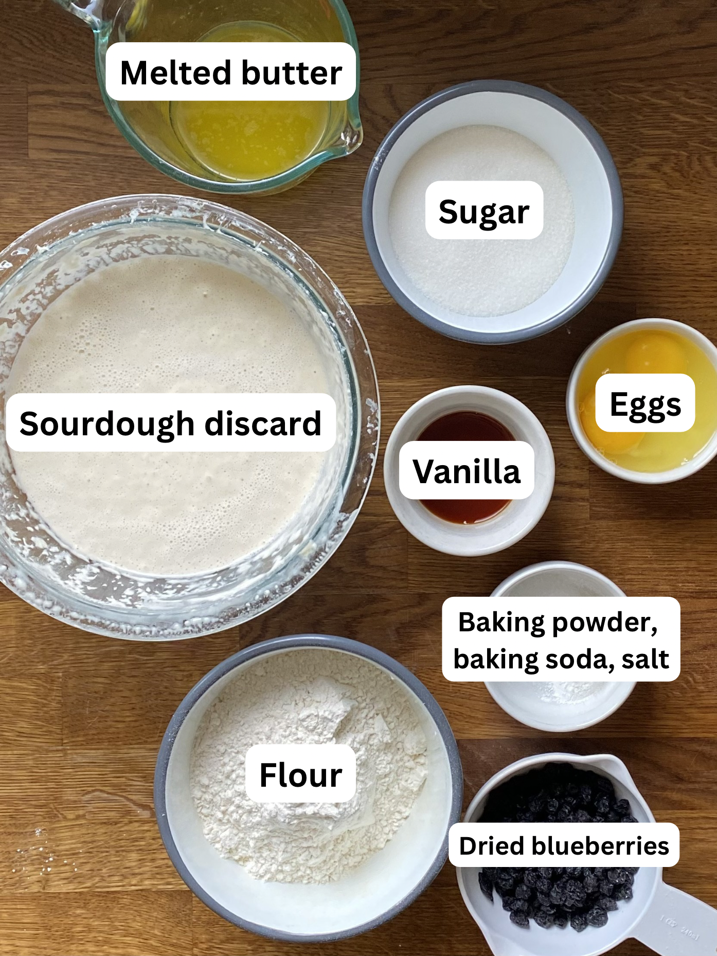Ingredients needed to make these sourdough discard blueberry muffins.