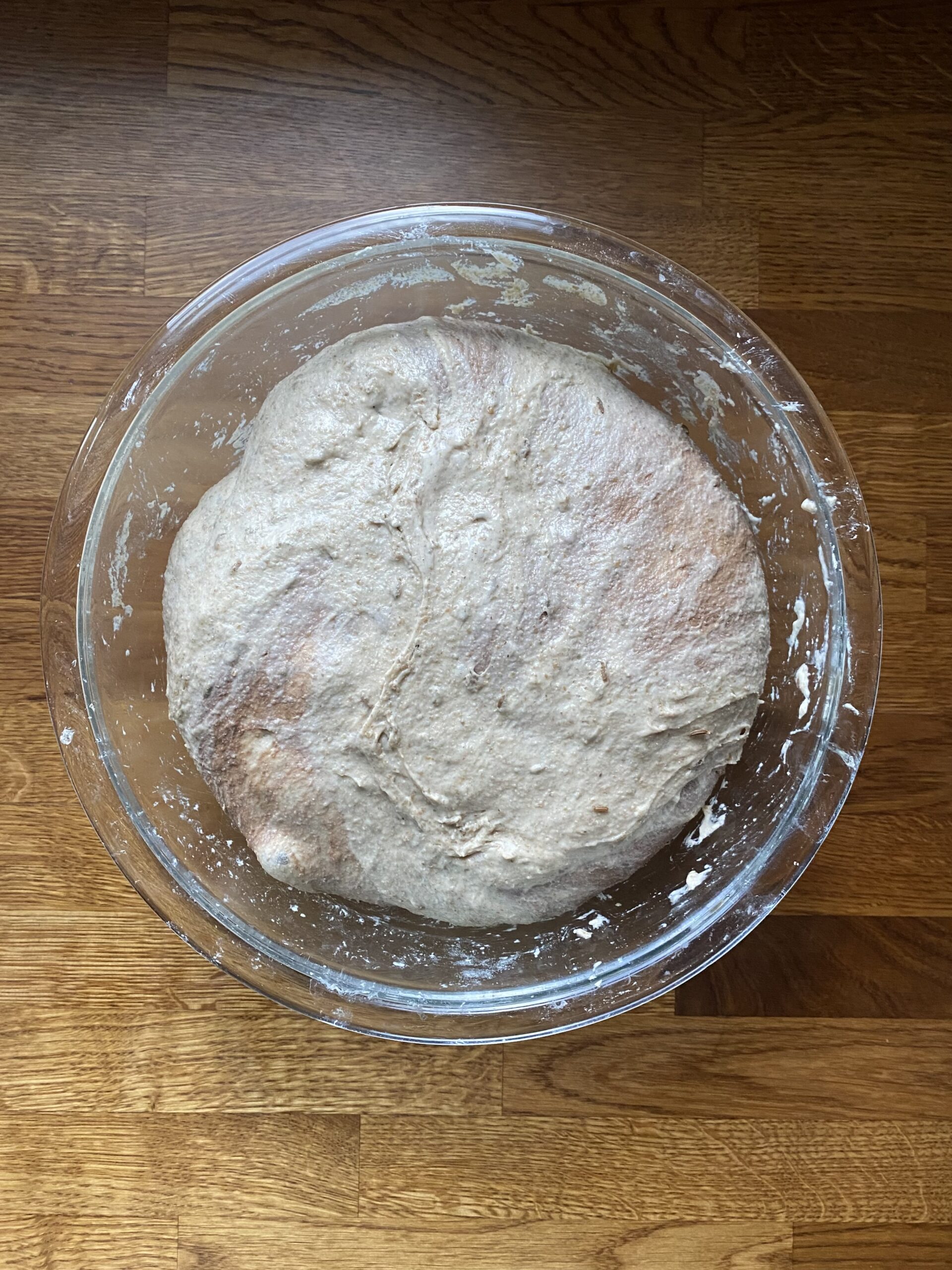 The rye dough after rising - swirls of dark dough are visible in the lighter dough, with some bubbles on the surface.