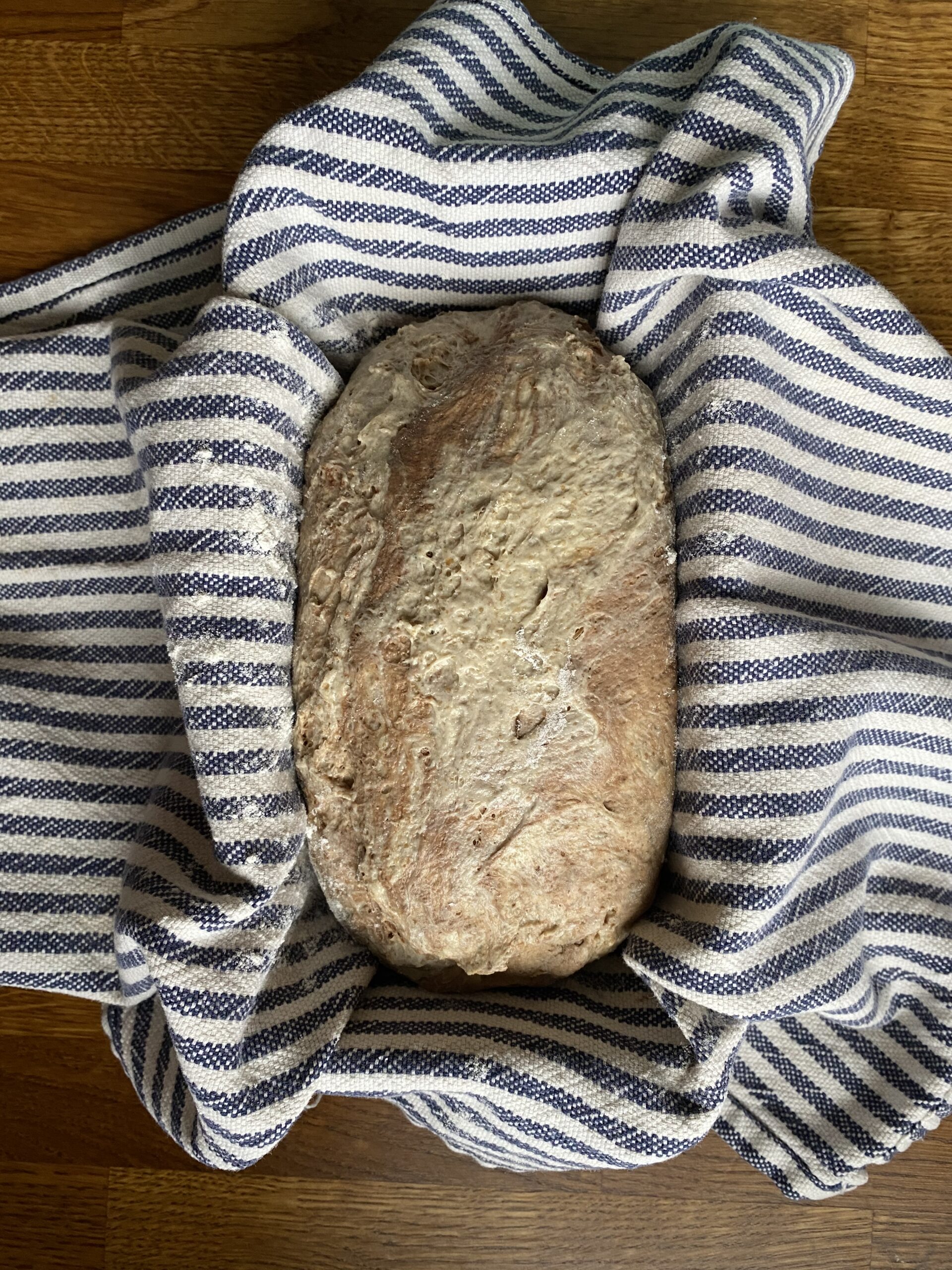 The shaped loaf in a tea-towel lined loaf pan to do its second rise.