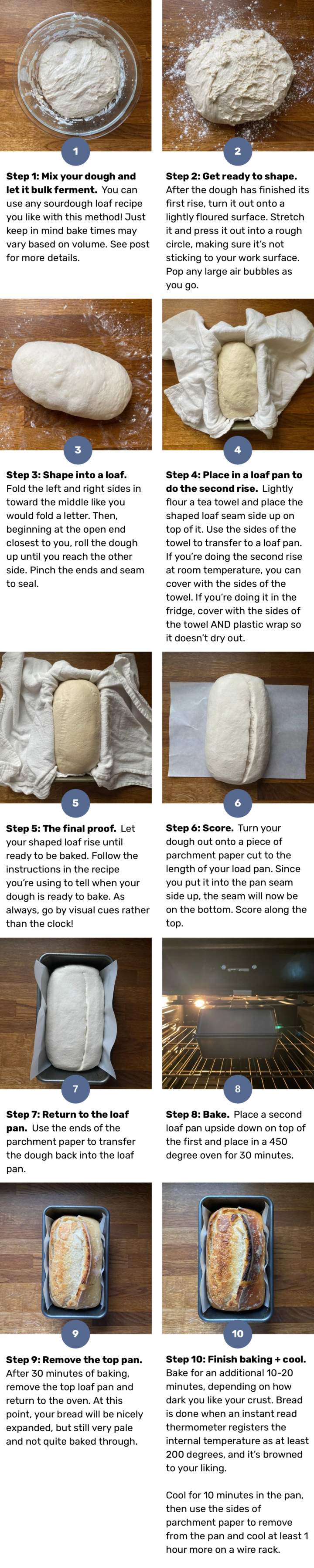 Step-by-step photos to make sourdough in a loaf pan.