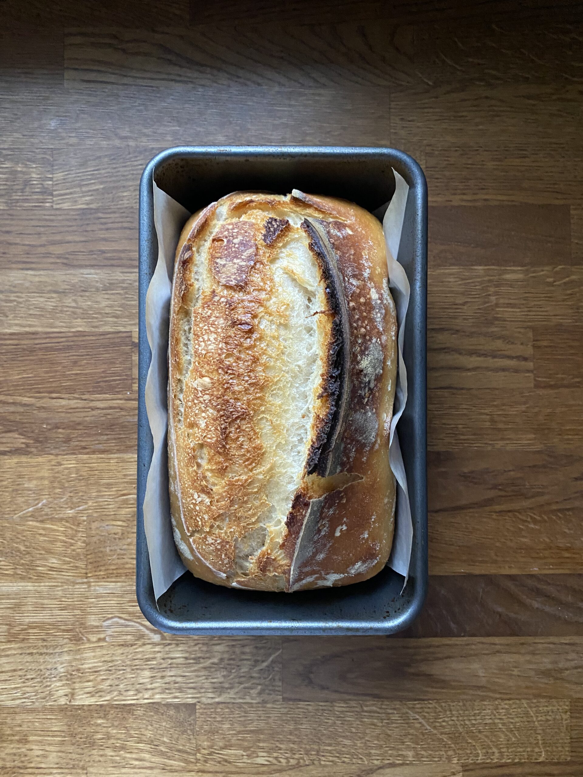 Sourdough loaf baked in loaf pan.